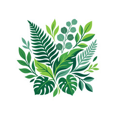 Fototapeta premium Lush green tropical leaves and fern foliage on white background