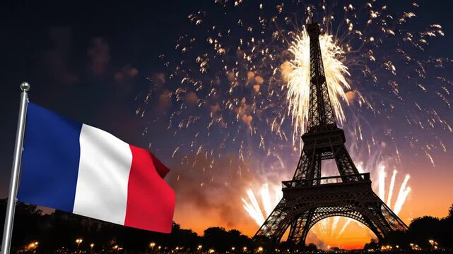 French flag waving with fireworks over Eiffel Tower Paris