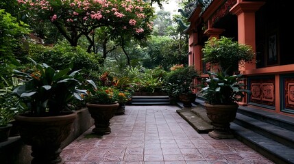 Fototapeta premium A dynamic wide shot of an ancient temple courtyard beautifully adorned with lush greenery and vibrant floral blooms