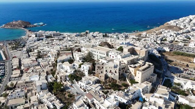 Aerial view of Naxos city and port, Cyclades, Greece. Drone 4K video
