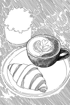 Hand drawn line art sketch of a cup of coffee with bread and plant on the table