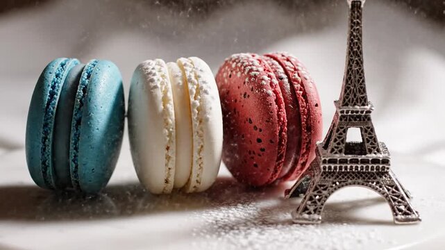 French macarons in flag colors beside miniature Eiffel Tower