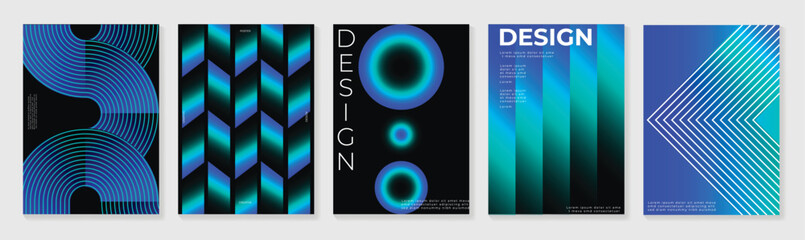 Plakat Abstract gradient poster background vector set. Modern cover templates with colorful geometric line patterns, fluid color shapes and optical illusion design for social media, banner and wallpaper.