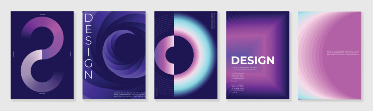 Abstract gradient poster background vector set. Modern cover templates with colorful geometric line patterns, fluid color shapes and optical illusion design for social media, banner and wallpaper.