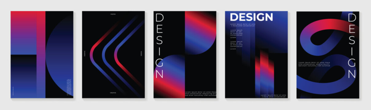 Abstract gradient poster background vector set. Modern cover templates with colorful geometric line patterns, fluid color shapes and optical illusion design for social media, banner and wallpaper.