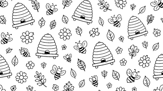 Black and white bee and hive illustration pattern.