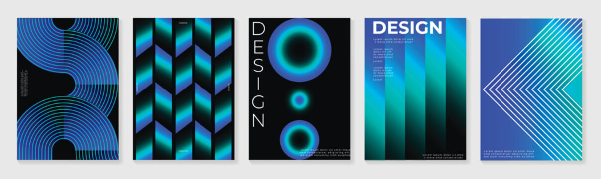 Abstract gradient poster background vector set. Modern cover templates with colorful geometric line patterns, fluid color shapes and optical illusion design for social media, banner and wallpaper.