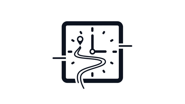 A black outline of a square clock face with a winding road and pin