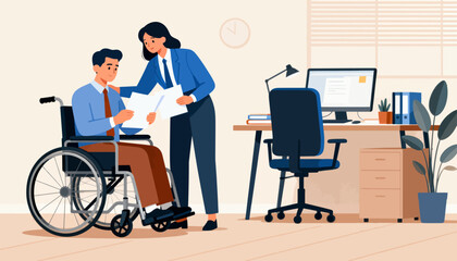 Fototapeta premium Man in wheelchair sits at desk, engaged in paperwork