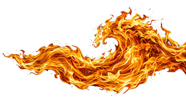 Intense orange and yellow fire wave shaped like a dynamic splash captured with high shutter speed on transparent background