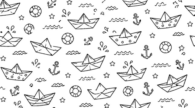 Hand Drawn Paper Boat and Nautical Elements Pattern.