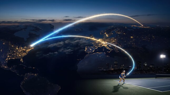 Tennis match broadcast concept with glowing global flight paths. Concept of international tournament, sports travel, global media coverage and fan connection.