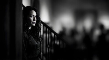 Fototapeta premium Portrait of a pensive woman standing near a staircase in black and white
