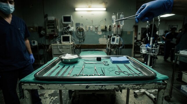 Surgical Instruments Laid Out On Tray Ready For Operation