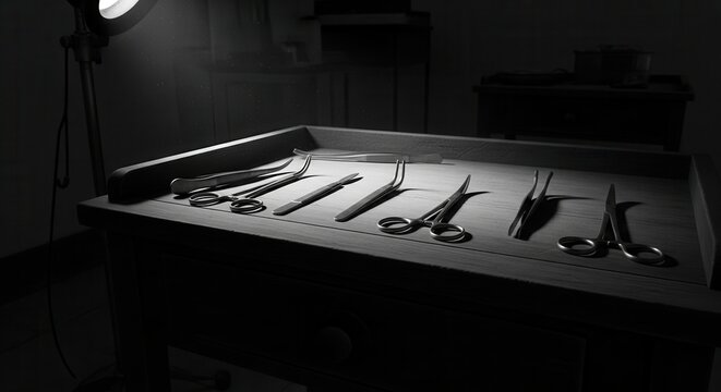 Surgical Instruments Laid Out Under Dramatic Lighting