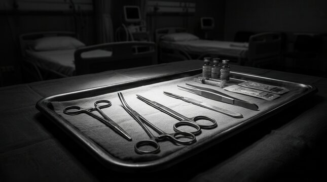 Surgical Instruments On Tray In Hospital Room Close Up