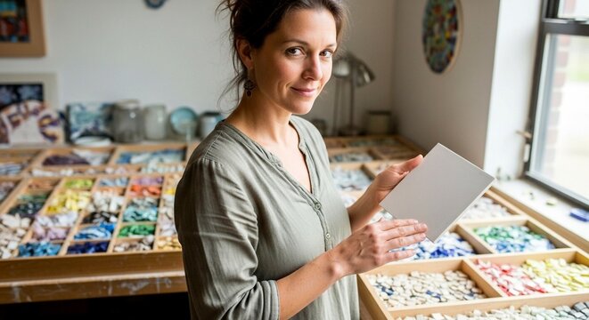Woman holding tablet in craft room surrounded by