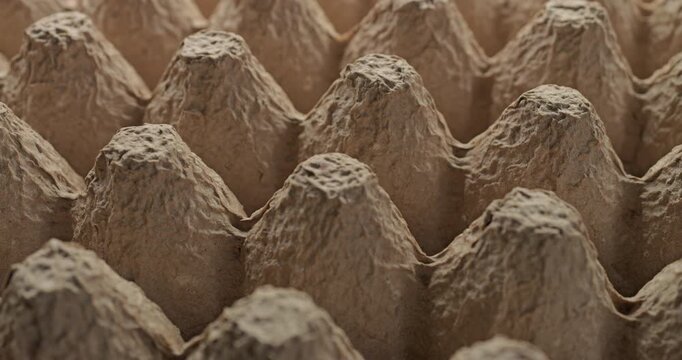 Recycled paper. Close-up of empty beige molded pulp tray with rough fibrous surface and conical cells. Smooth continuous rotation shows subtle light and shadow shifts across the eco recycled texture.