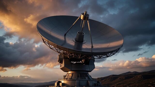 Massive satellite dish antenna tracks celestial objects against dramatic sunset sky