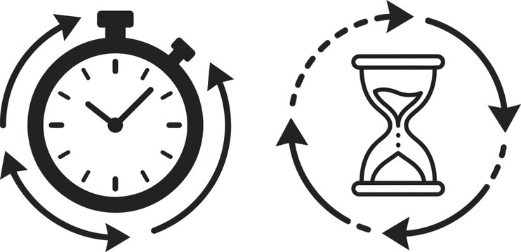 Stopwatch and hourglass with circular arrows on white background