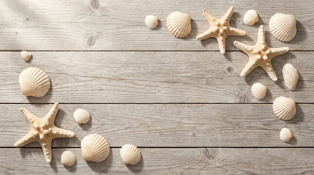 Coastal beach background with seashells and starfishes on grey wood, summer vacation frame on weathered wooden planks, nautical marine border for copy space