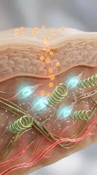 Retinol action demonstrating orange geometric molecules passing through epidermis layer, activating glowing spindle fibroblasts.