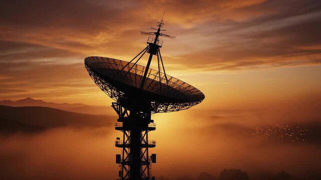 Silhouette of a large radio telescope dish against a dramatic sunset sky