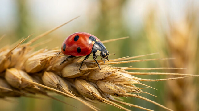 Seven-Spotted Ladybug on Wheat Stalk
