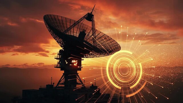 Massive Satellite Dish at Sunset with Digital Data Streams and Fiery Sky