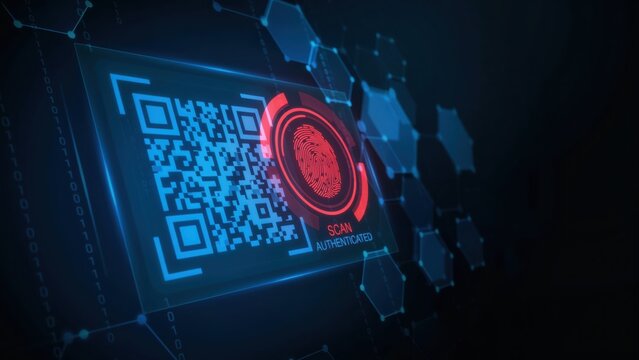 High-tech security concept featuring a QR code and fingerprint identification scan on a dark geometric background