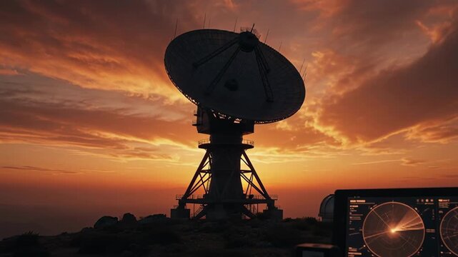 Dramatic sunset over radio telescope observatory with radar screen display