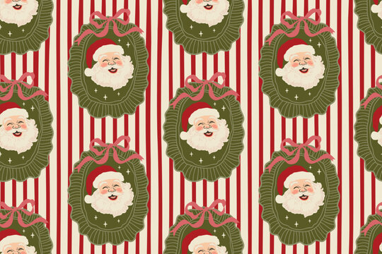 Vintage striped Christmas seamless pattern with Santa Claus faces into lace frame. Vector winter holiday repeat background, wallpaper, textile design, wrap, gift paper, print. Hand drawn graphics.