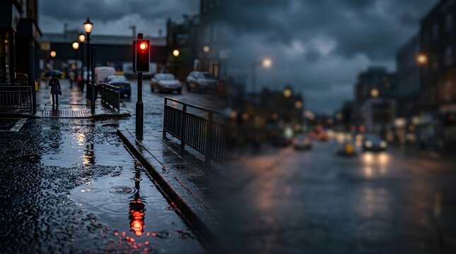 Red traffic light reflecting on wet city street during evening rain
