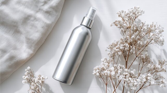 Silver aluminum spray bottle cosmetic product still life display, luxury skincare empty dispenser flat lay on silk fabric background