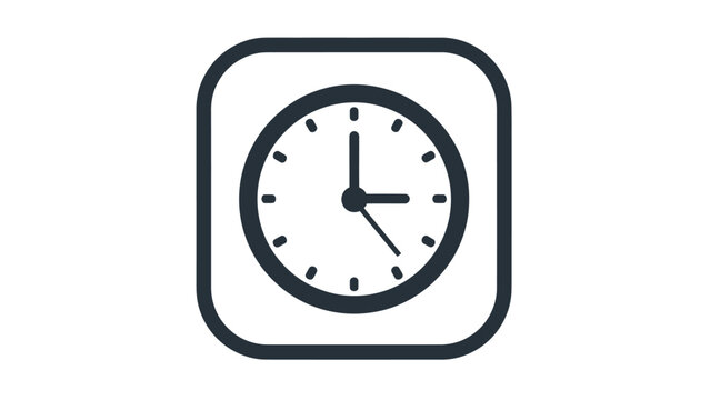 A simple, dark blue circular clock face with hands within a rounded square icon