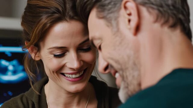 Happy pregnant woman laughing with her husband during an ultrasound medical checkup appointment in a hospital office video.