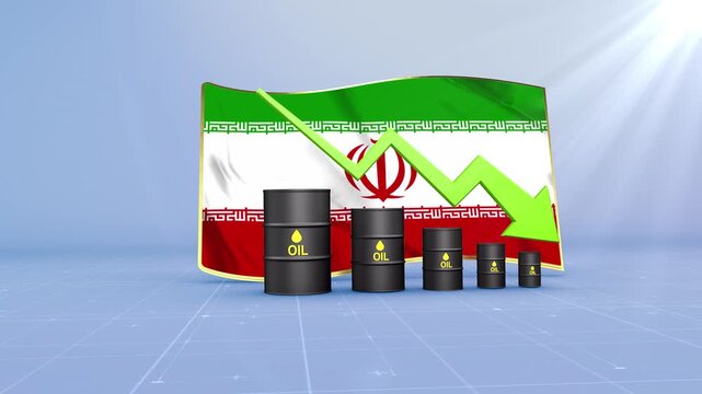 Iran Oil Price Falling with Oil Barrels Downward Green Arrow and 3D Financial Data Visualization Graphs for Economy and Business Concept