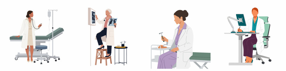 Obraz premium Set of female doctors and medical professionals in various clinical environments, including examination rooms, radiology, and digital office settings.