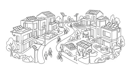 Obraz premium Line art illustration of a sustainable eco friendly residential neighborhood with solar panels