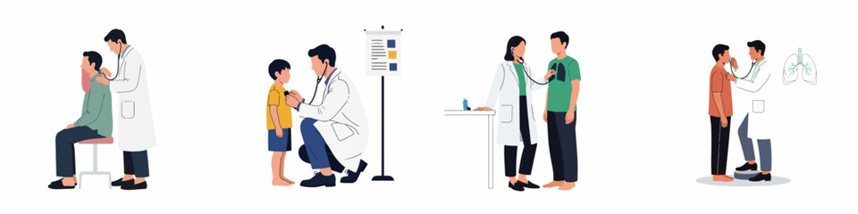 Obraz premium Collection of flat vector illustrations depicting doctors examining male patients and children with stethoscopes for health checkups and lung diagnostics.