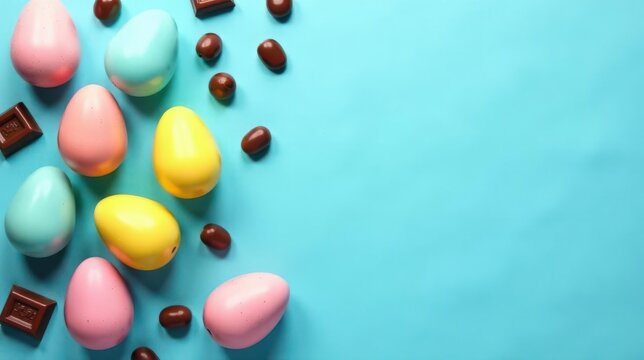 Pastel Eggs and Chocolate Treats on a Light Blue Background A Festive Springtime Arrangement