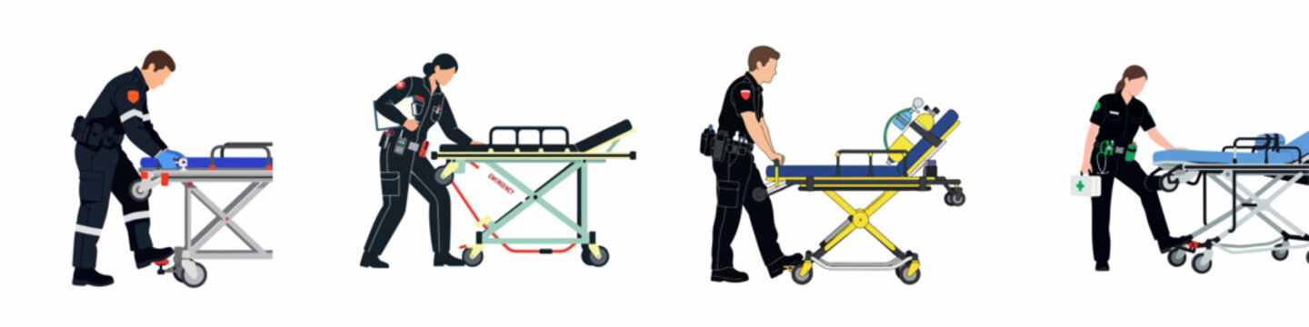 Vector illustration set of male and female paramedics in uniform pushing and preparing emergency stretchers on a white background.