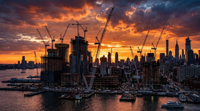 Urban Skyline Construction Cranes Working Against Dramatic Sunset During Major City Development