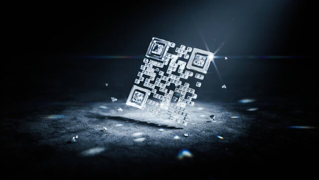 Luxury QR code made of diamonds and crystals floating over a dark background with light rays