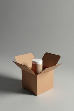 A simple beige container nestled inside a modestly sized open cardboard box, ready for shipping or delivery