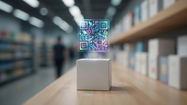 Holographic glowing QR code floating above a white square box on a wooden shelf in a store setting
