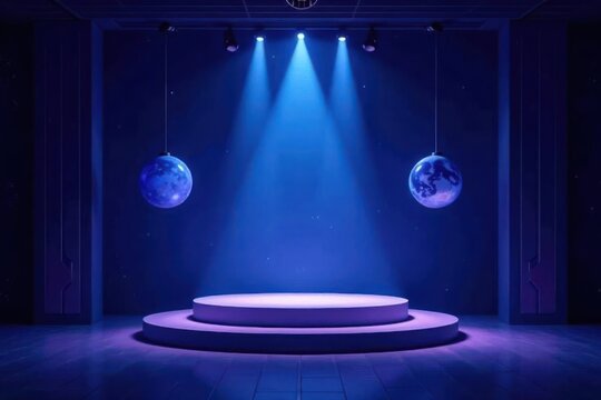Illuminated Stage with Celestial Globes A Dramatic Setting for Presentations or Product Displays