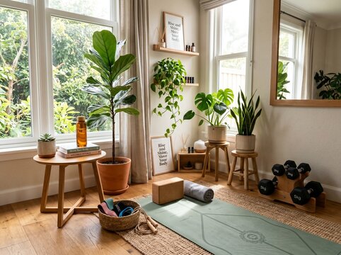 Bright home yoga studio corner featuring a sage green mat cork block resistance bands dumbbells wooden stools and lush indoor plants bathed in warm natural sunlight from large side windows.