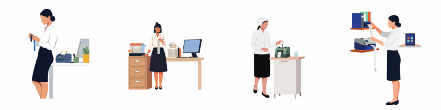 Set of illustrations depicting professional women using thermal printers, label makers, and receipt devices in various office and retail workplace settings.