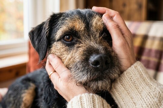 Hands gently framing and petting the head of a cute border terrier mix dog